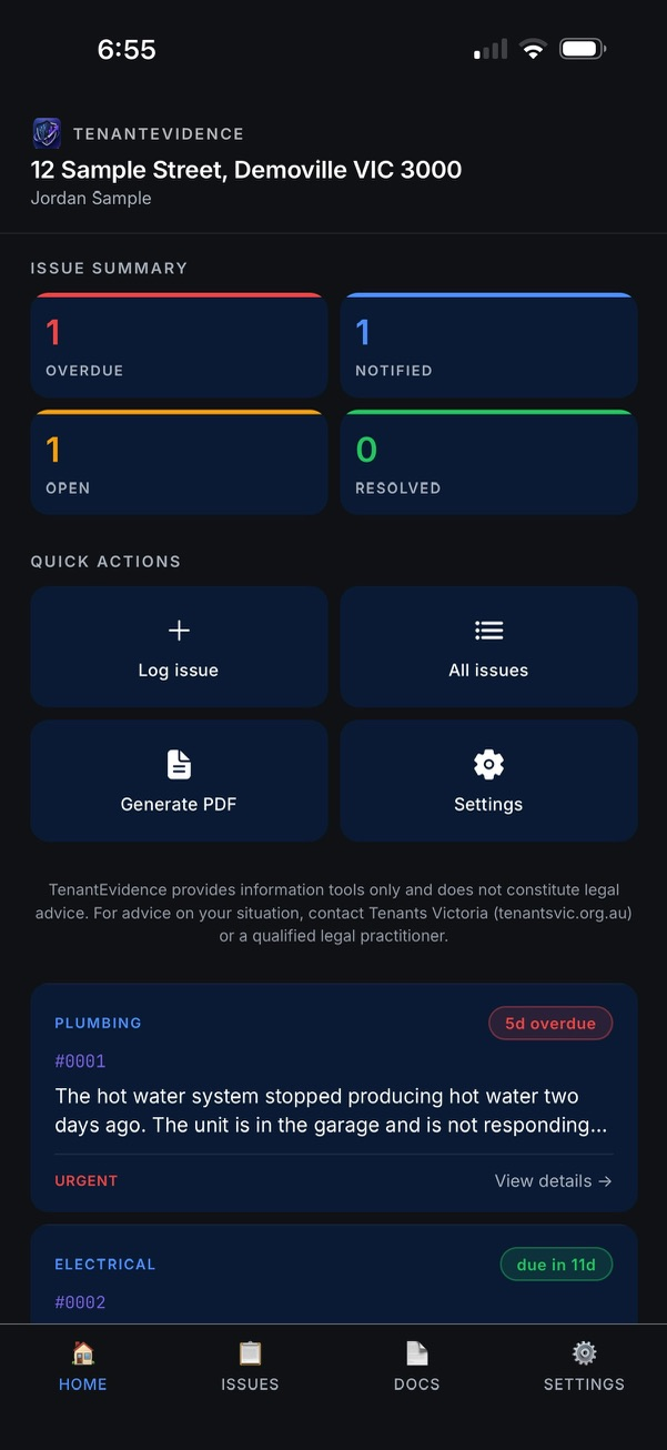 TenantEvidence dashboard showing logged issues and deadlines