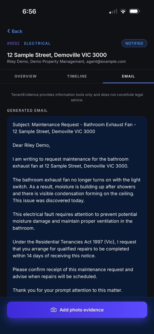 A generated maintenance email drafted from evidence