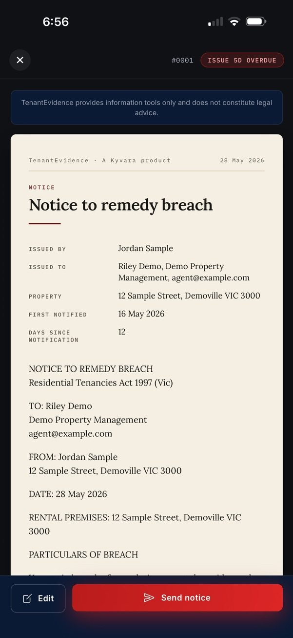 A formal breach notice generated by TenantEvidence